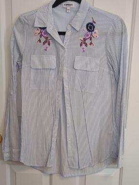 Express Blue Pinstripe Shirt with Purple Floral Embroidery
